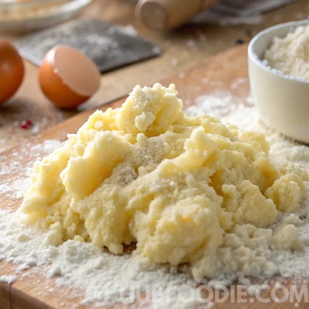 Gnocchi Noodles Recipe 19 Mashed potatoes mixed with flour forming gnocchi dough on a floured surface.