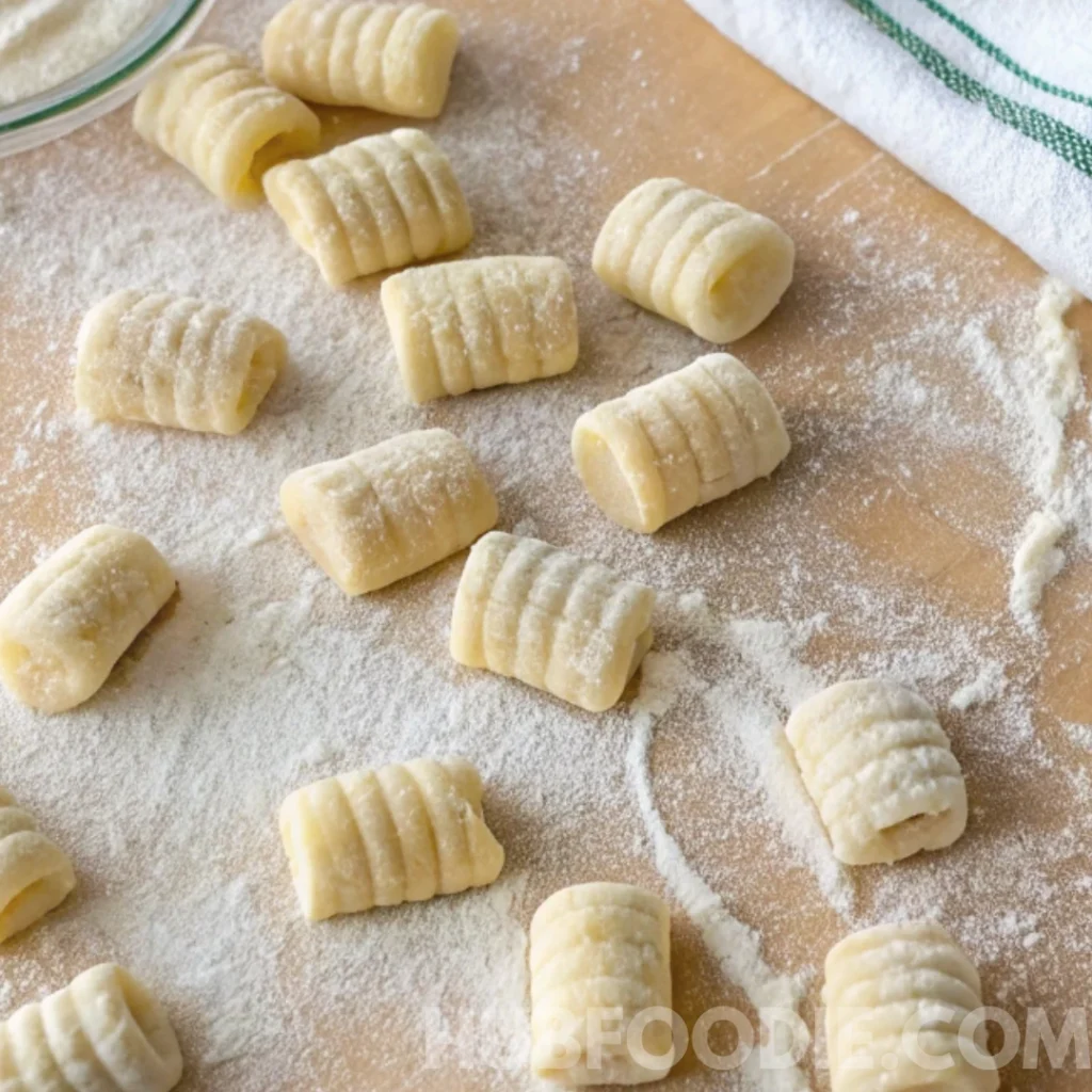 Gnocchi Noodles Recipe 23 Freshly shaped gnocchi pieces with ridges on a floured wooden surface.