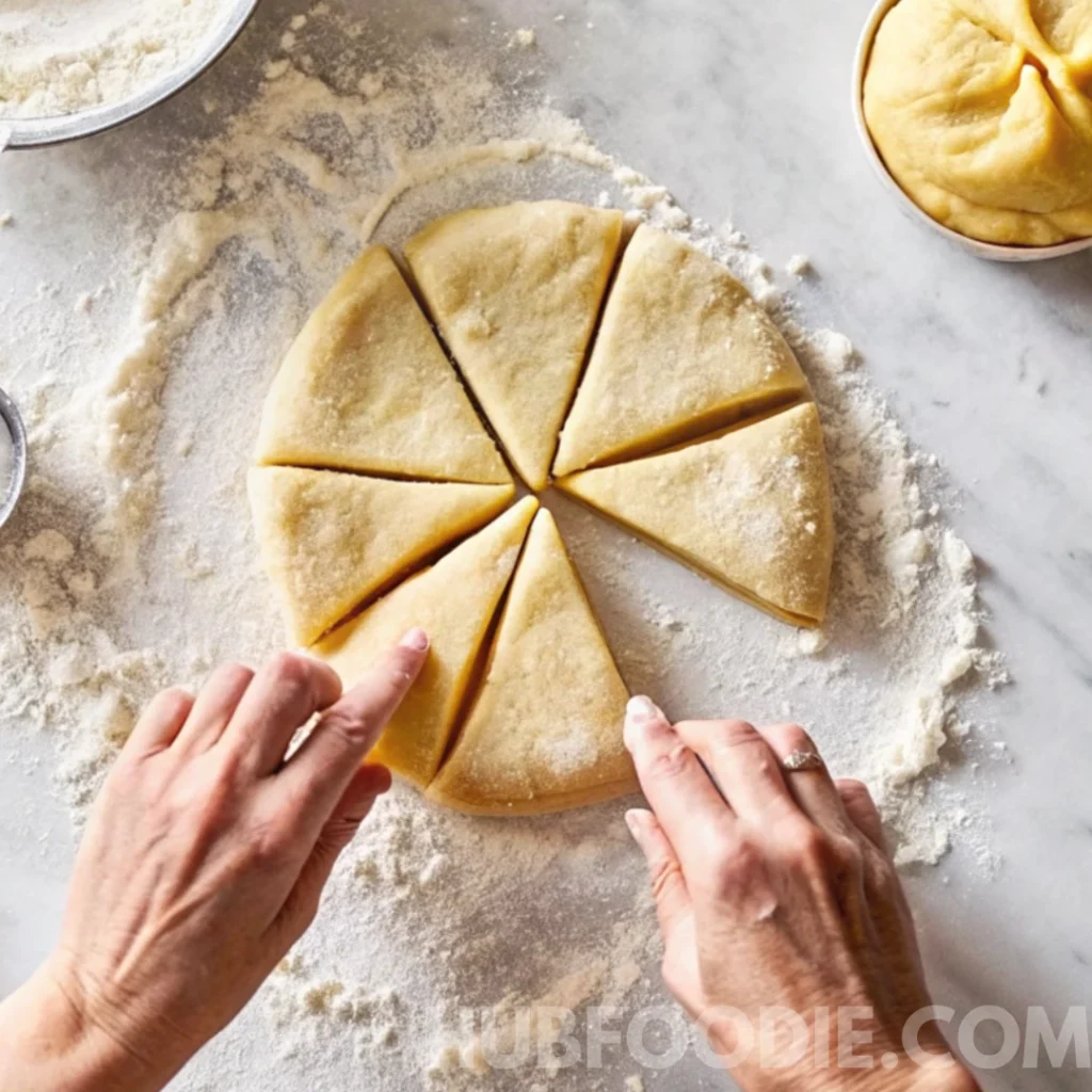 Gnocchi Noodles Recipe 21 Hands shaping and slicing gnocchi dough into wedges on a floured surface.