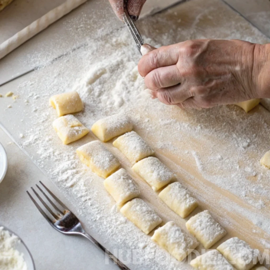 Gnocchi Noodles Recipe 22 Hands shaping individual gnocchi pieces on a floured surface.