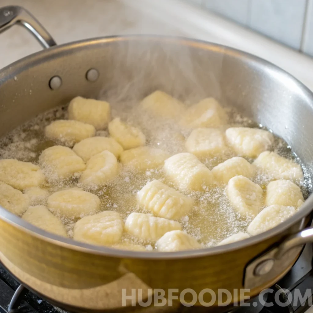 Gnocchi Noodles Recipe 24 Gnocchi boiling in a pot of water on the stove.
