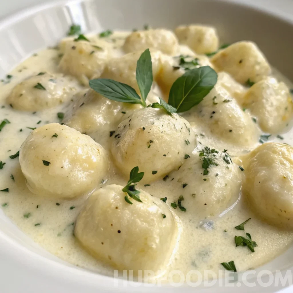 Gnocchi Noodles Recipe 25 Creamy gnocchi served in a white bowl garnished with herbs.