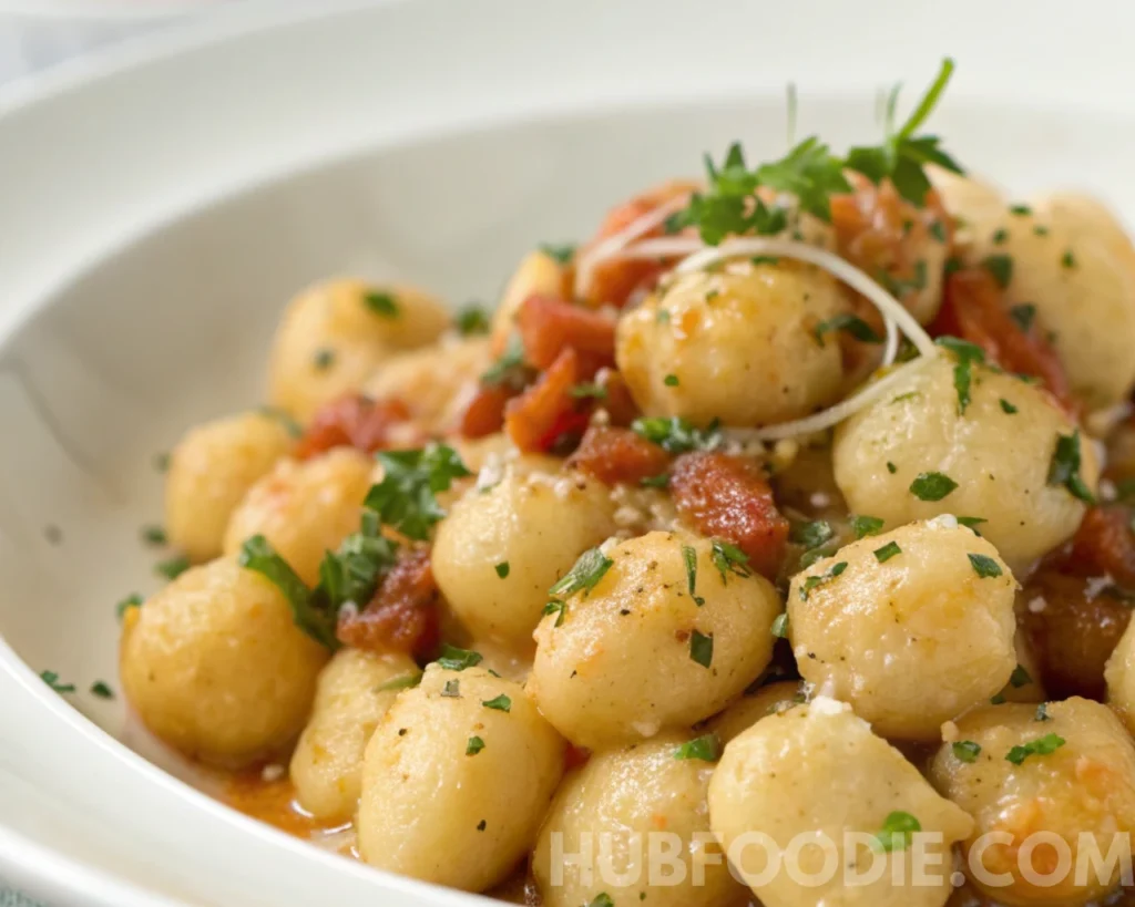 Gnocchi Pasta Salad 61 Gnocchi served with chickpeas, diced tomatoes, and fresh herbs in a white bowl.