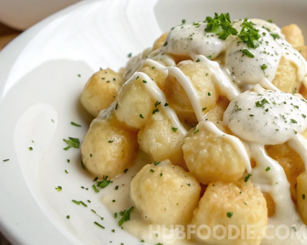 Gnocchi Pasta Salad 58 Golden gnocchi topped with creamy white cheese dressing and chopped herbs on a white plate.