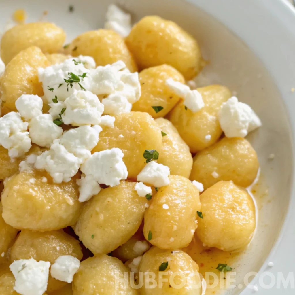 Gnocchi Amalfitani Recipe 34 Golden gnocchi topped with crumbled feta cheese and fresh herbs.