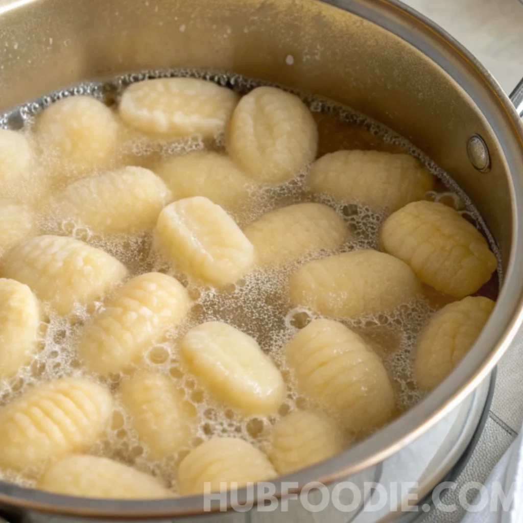 Gnocchi and Pasta Sauce Recipe 24 Potato gnocchi boiling in a pot of water, floating to the surface as they cook.