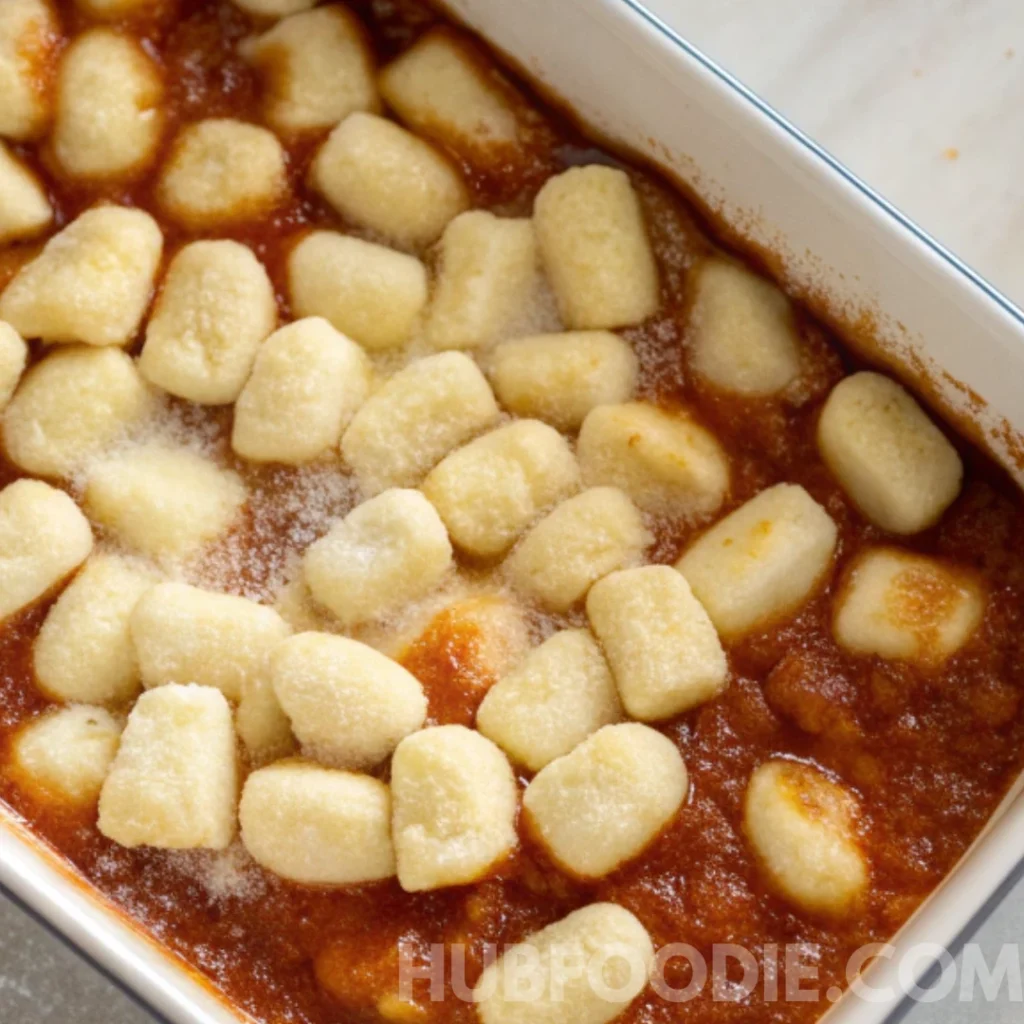 Gnocchi and Pasta Sauce Recipe 25 Cooked gnocchi layered over tomato sauce in a white baking dish, sprinkled with grated cheese.