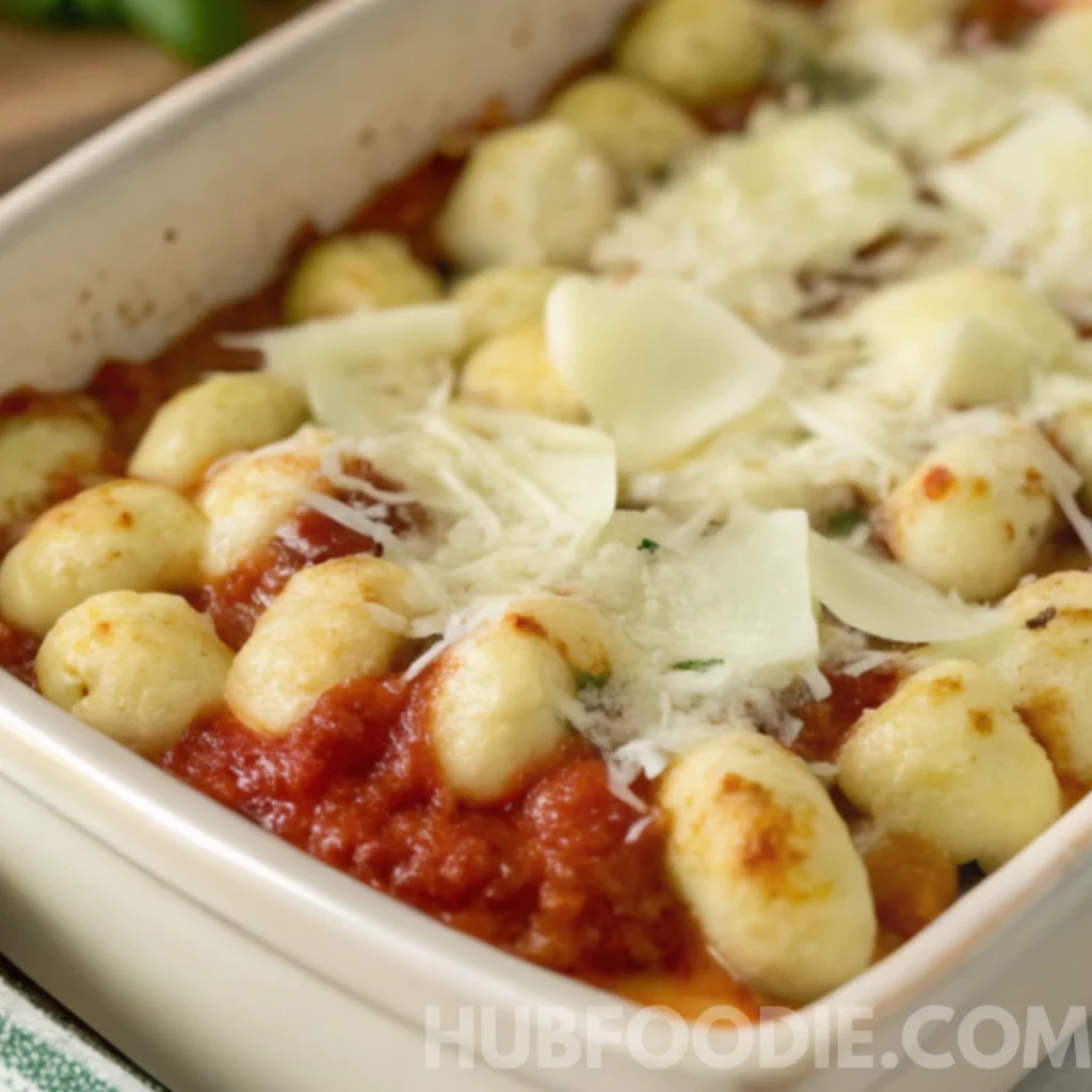 Gnocchi and Pasta Sauce Recipe 26 Gnocchi in tomato sauce topped with shredded and sliced cheese in a baking dish, ready for the oven.