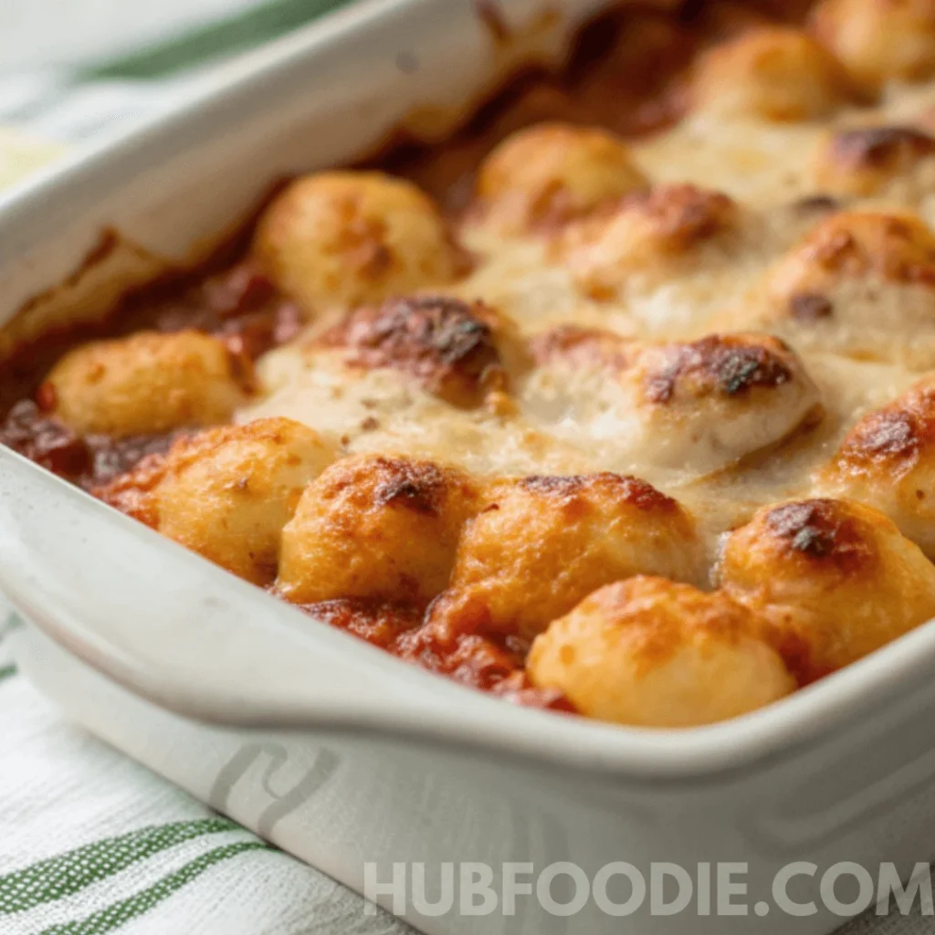 Gnocchi and Pasta Sauce Recipe 27 Golden-brown baked gnocchi with melted cheese and tomato sauce in a white baking dish.