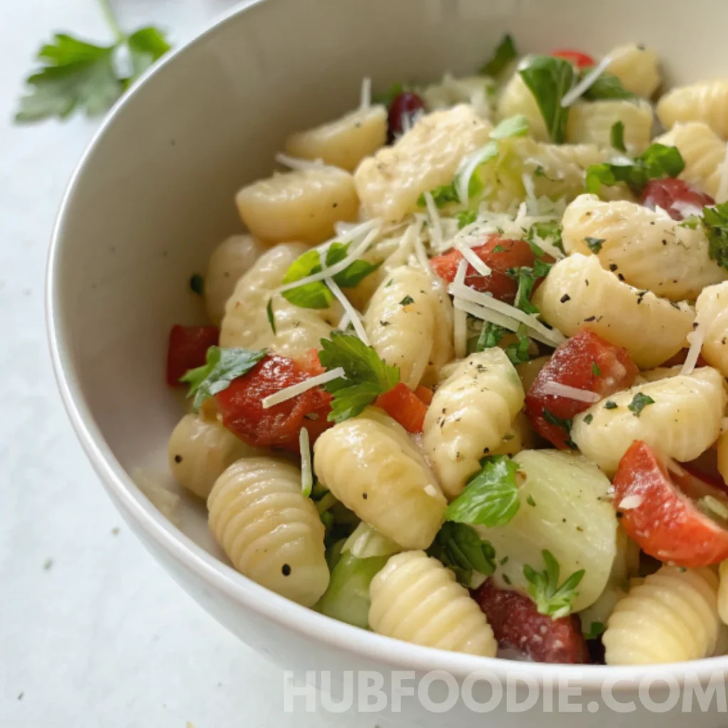 Gnocchi Pasta Salad 33 Gnocchi pasta salad with cucumbers, red peppers, herbs, and shredded cheese.