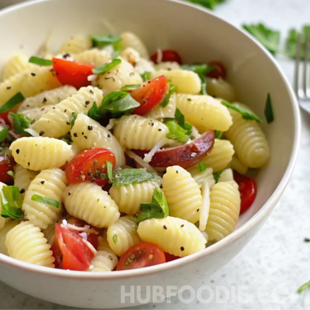 Gnocchi Pasta Salad 32 Pasta salad with cherry tomatoes, herbs, and grated cheese in a bowl.