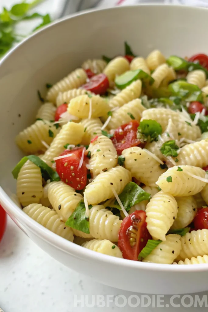 Gnocchi Pasta Salad 34 Short pasta salad with cherry tomatoes, greens, and shredded cheese in a white bowl.