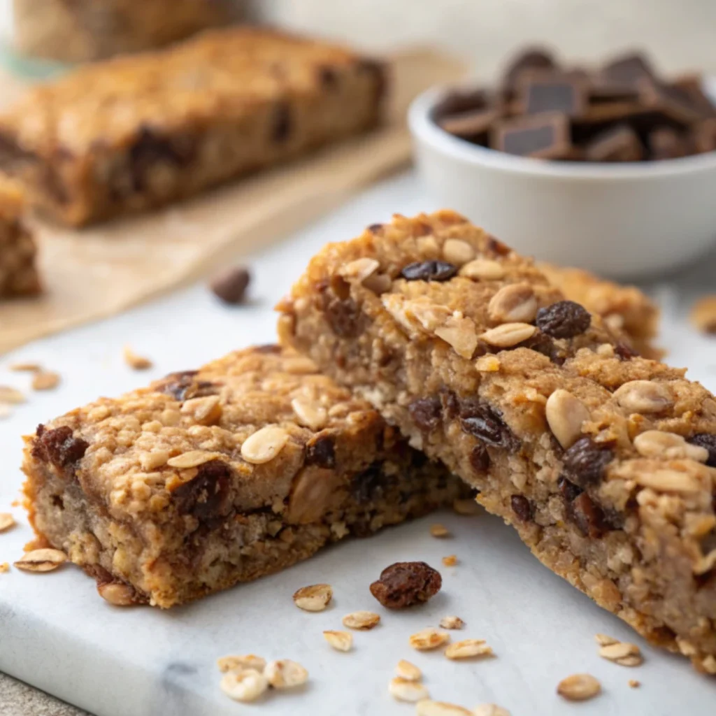 Homemade Protein Granola Bars 17 Close-up of homemade protein granola bars with oats, raisins, and chocolate chips