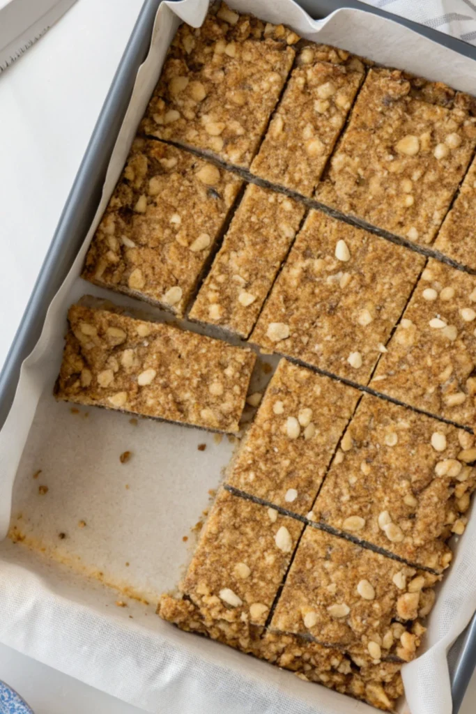 Homemade Protein Granola Bars 23 Sliced homemade granola protein bars in a baking pan with parchment paper