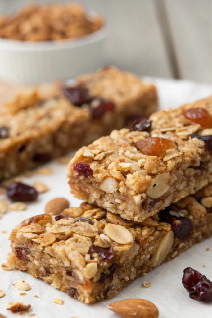 Homemade Protein Granola Bars 24 Finished homemade granola protein bars with nuts and dried fruit