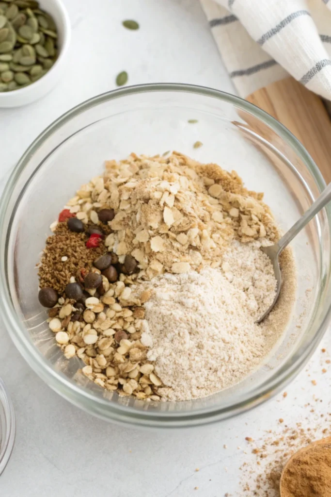 Homemade Protein Granola Bars 19 Dry ingredients for granola protein bars in a mixing bowl