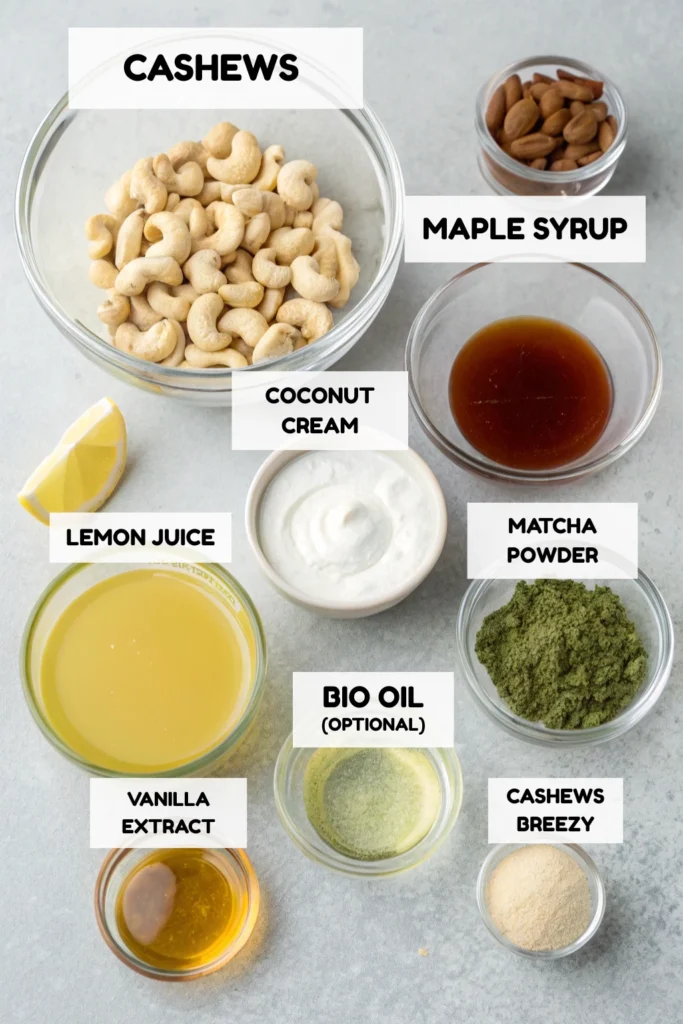 Green cheesecake Recipe 14 Green cheesecake filling ingredients including cashews, maple syrup, coconut cream, matcha powder, lemon juice, vanilla extract, and more in labeled glass bowls.