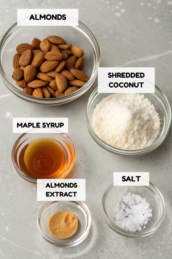 Green cheesecake Recipe 13 Green cheesecake crust ingredients including almonds, shredded coconut, maple syrup, almond extract, and salt in glass bowls.