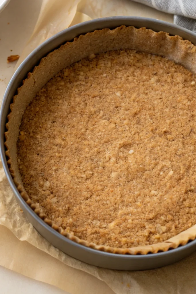 Green cheesecake Recipe 15 Green cheesecake crust step 1 showing pressed nut and coconut mixture in a tart pan ready for filling.