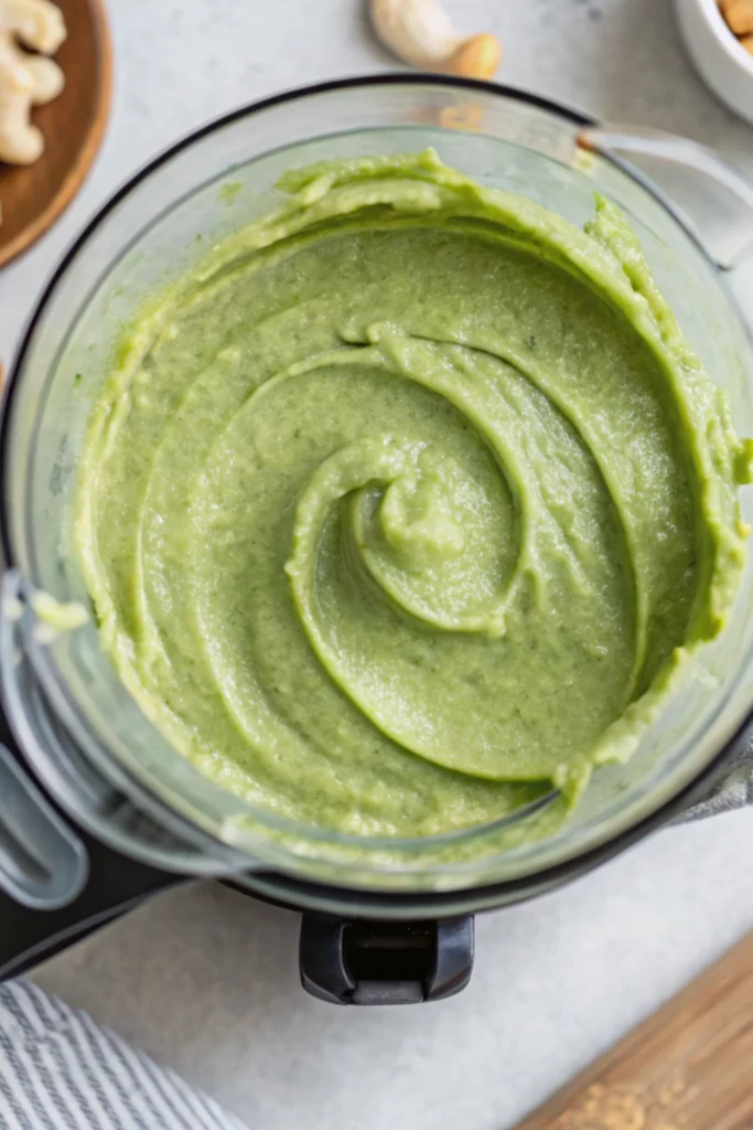 Green cheesecake Recipe 16 Green cheesecake filling step 2 showing blended matcha cashew mixture in a food processor.