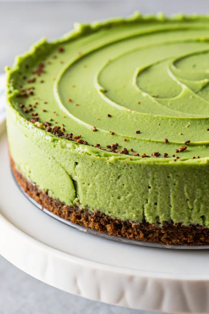 Green cheesecake Recipe 18 Green cheesecake with chocolate crust, topped with a smooth swirl pattern and chocolate sprinkles.