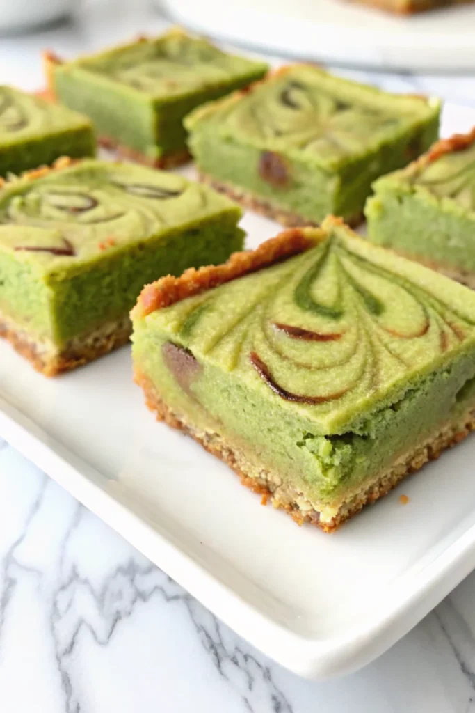 Green cheesecake Recipe 19 Green cheesecake slices with swirl pattern on top, arranged neatly on a white rectangular plate.