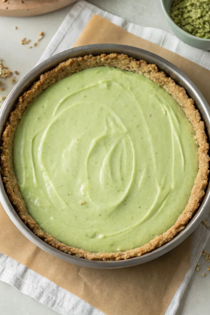 Green cheesecake Recipe 17 Green cheesecake step 3 with smooth matcha filling poured into prepared nut crust, ready to freeze.