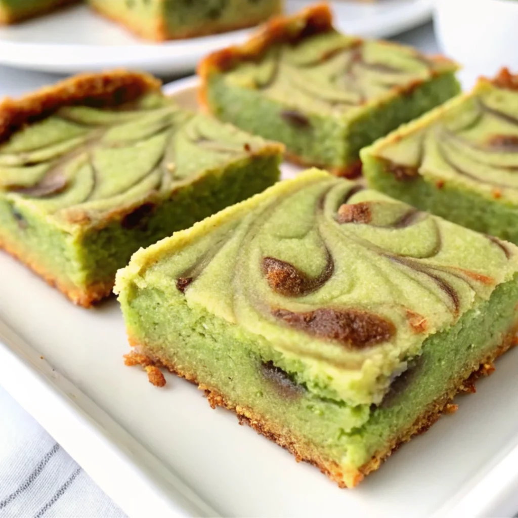 Green cheesecake Recipe 12 Green cheesecake bars with chocolate swirls on a crust, displayed on a white plate.