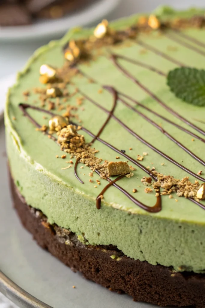 Green Velvet Cheesecake Recipe 24 Green velvet cheesecake with gold leaf and chocolate drizzle
