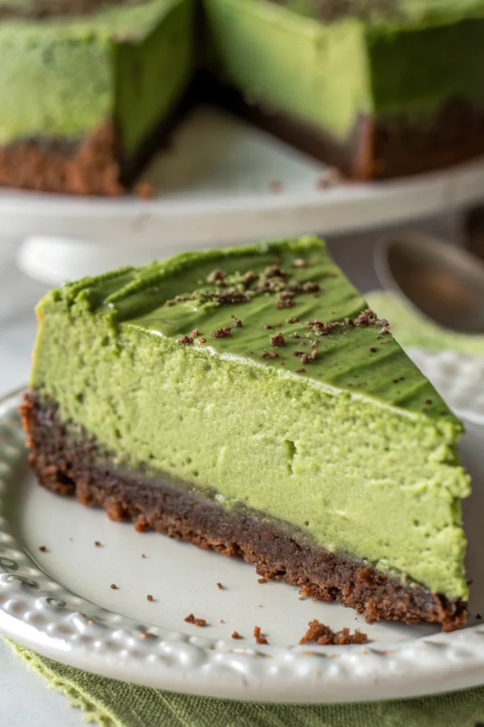 Green Velvet Cheesecake Recipe 15 Slice of green velvet cheesecake on a plate