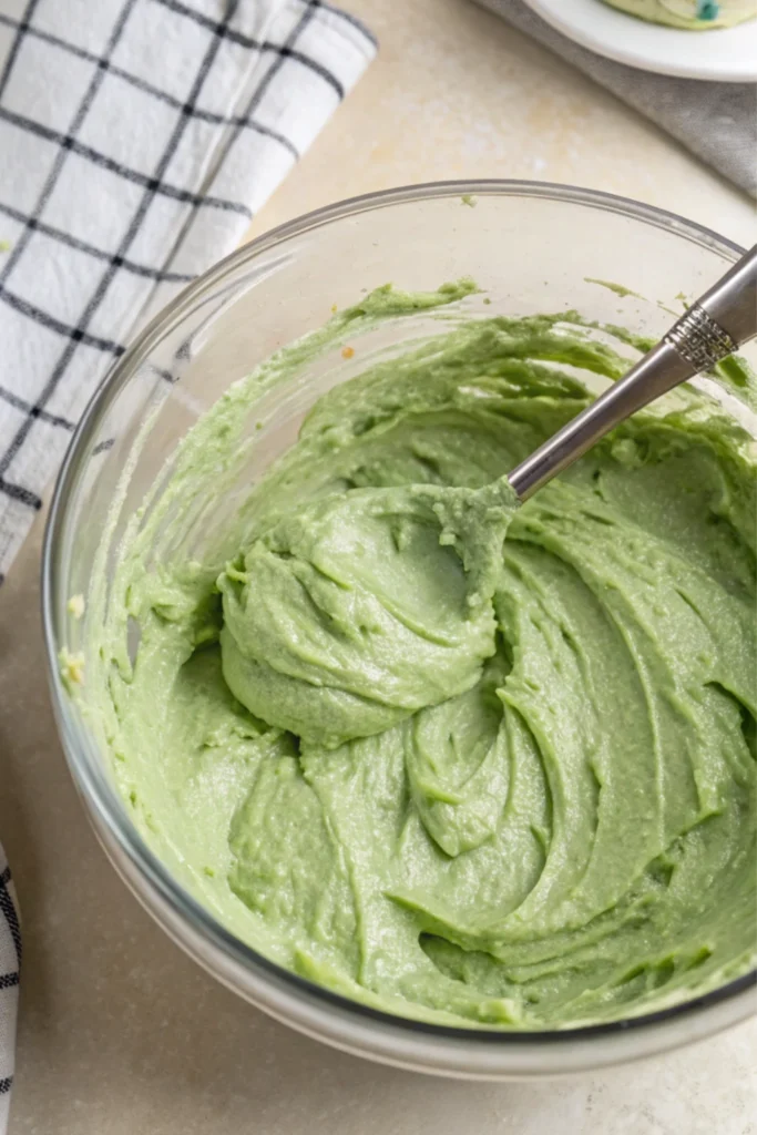 Green Velvet Cheesecake Recipe 18 Mixing green cheesecake batter in a glass bowl