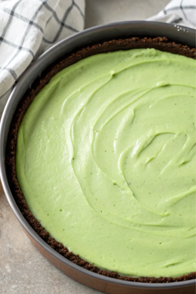 Green Velvet Cheesecake Recipe 19 Green cheesecake batter spread in a crust-lined pan