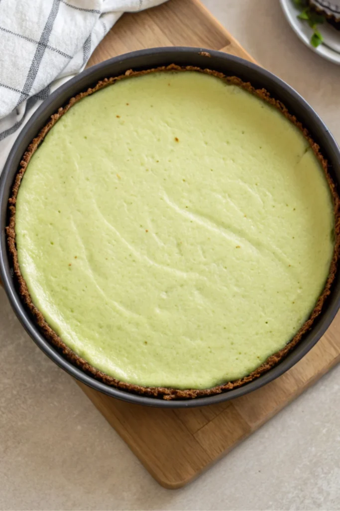 Green Velvet Cheesecake Recipe 20 Baked green velvet cheesecake in a round pan