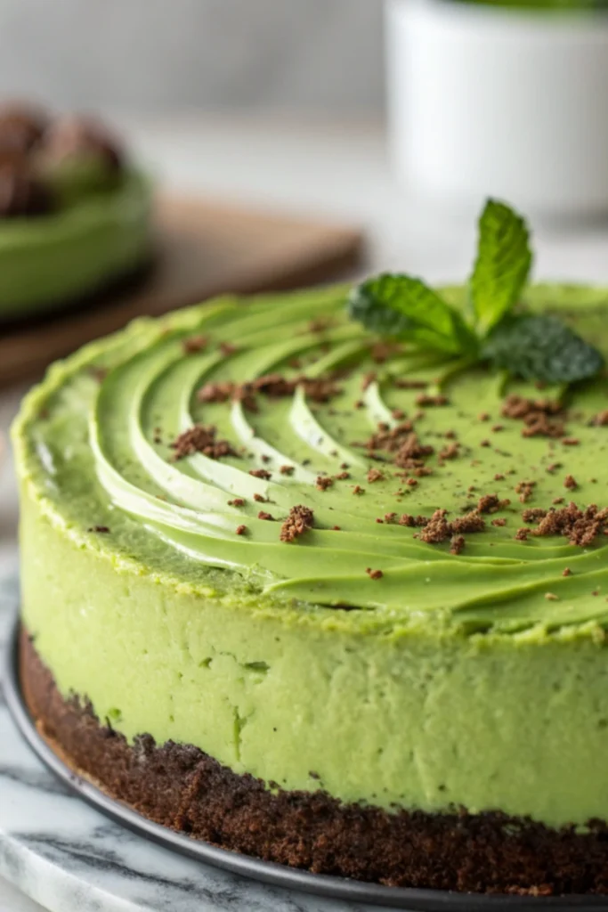 Green Velvet Cheesecake Recipe 14 Green velvet cheesecake topped with mint leaves