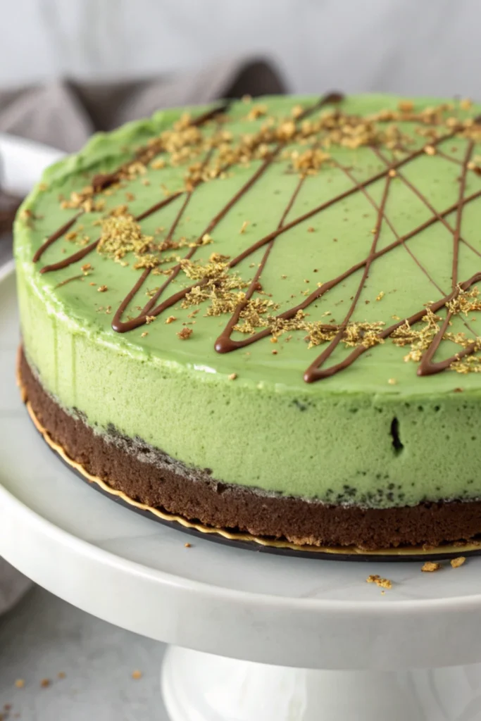Green Velvet Cheesecake Recipe 25 Green velvet cheesecake with gold flakes and chocolate drizzle on a white cake stand