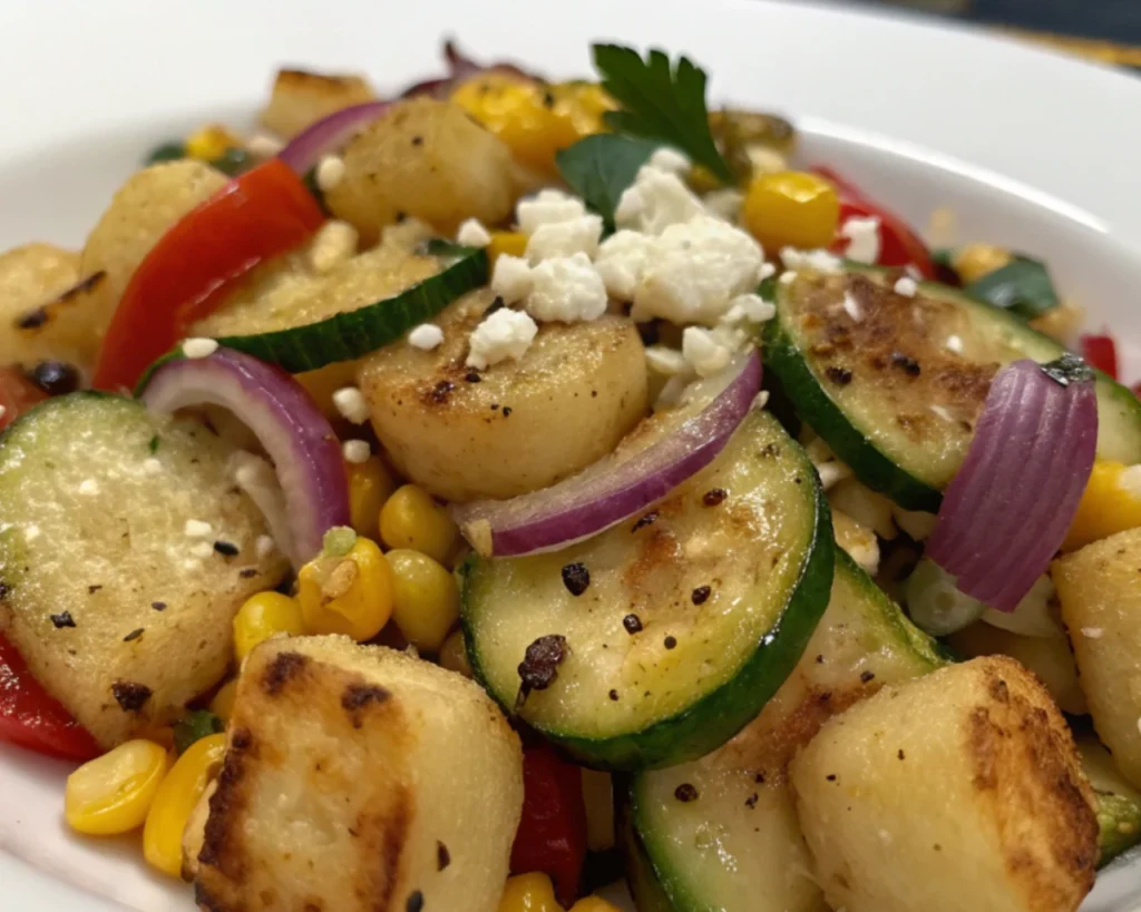 Gnocchi Pasta Salad 43 Grilled gnocchi with zucchini, corn, red onion, bell pepper, and crumbled cheese.