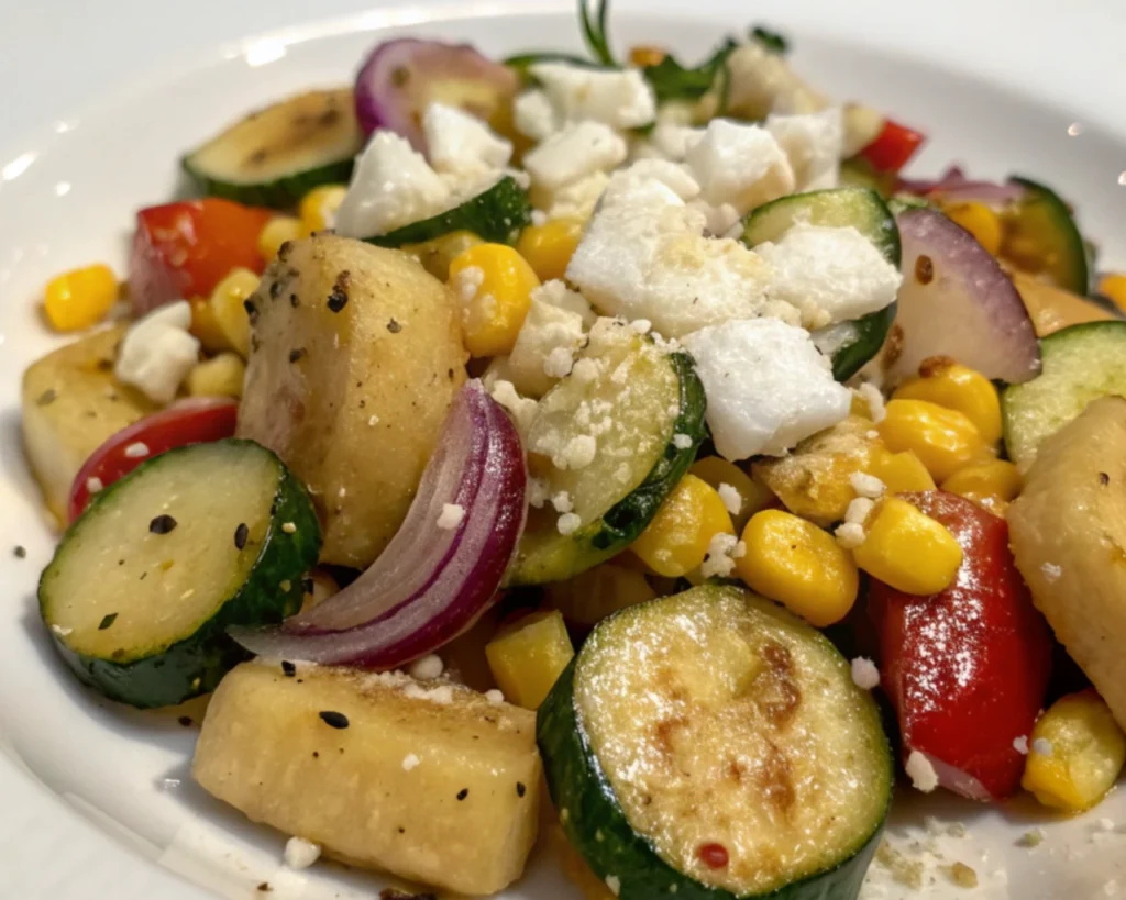 Gnocchi Pasta Salad 50 Grilled gnocchi with zucchini, corn, red onion, red bell pepper, and crumbled cheese on a white plate.