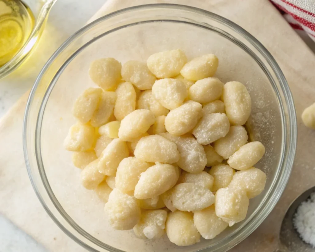 Gnocchi Pasta Salad 45 Uncooked potato gnocchi in a glass bowl on a countertop.