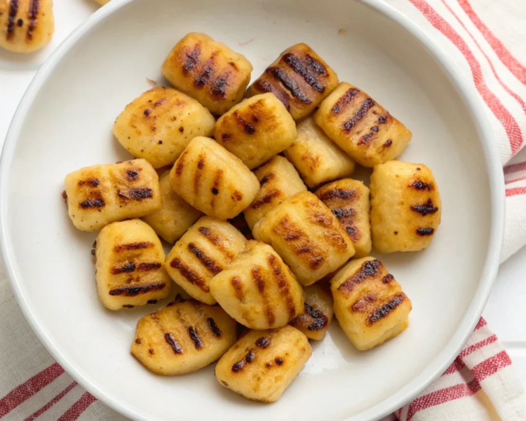 Gnocchi Pasta Salad 47 Golden-brown grilled gnocchi with char marks in a white bowl.