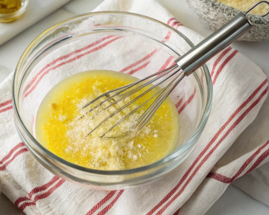 Gnocchi Pasta Salad 48 Glass bowl with olive oil and parmesan being whisked for dressing.