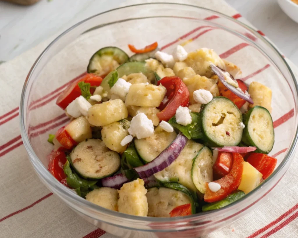 Gnocchi Pasta Salad 49 Grilled gnocchi salad in a bowl with zucchini, red peppers, red onions, and crumbled cheese.