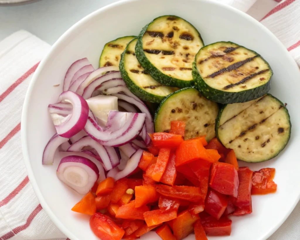 Gnocchi Pasta Salad 46 Grilled zucchini slices, chopped red bell peppers, and sliced red onions in a white bowl.