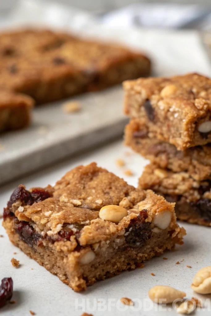 Homemade Gluten Free Granola Bars 25 gluten free granola bars with hemp seeds, nuts, and dried fruit stacked on parchment paper