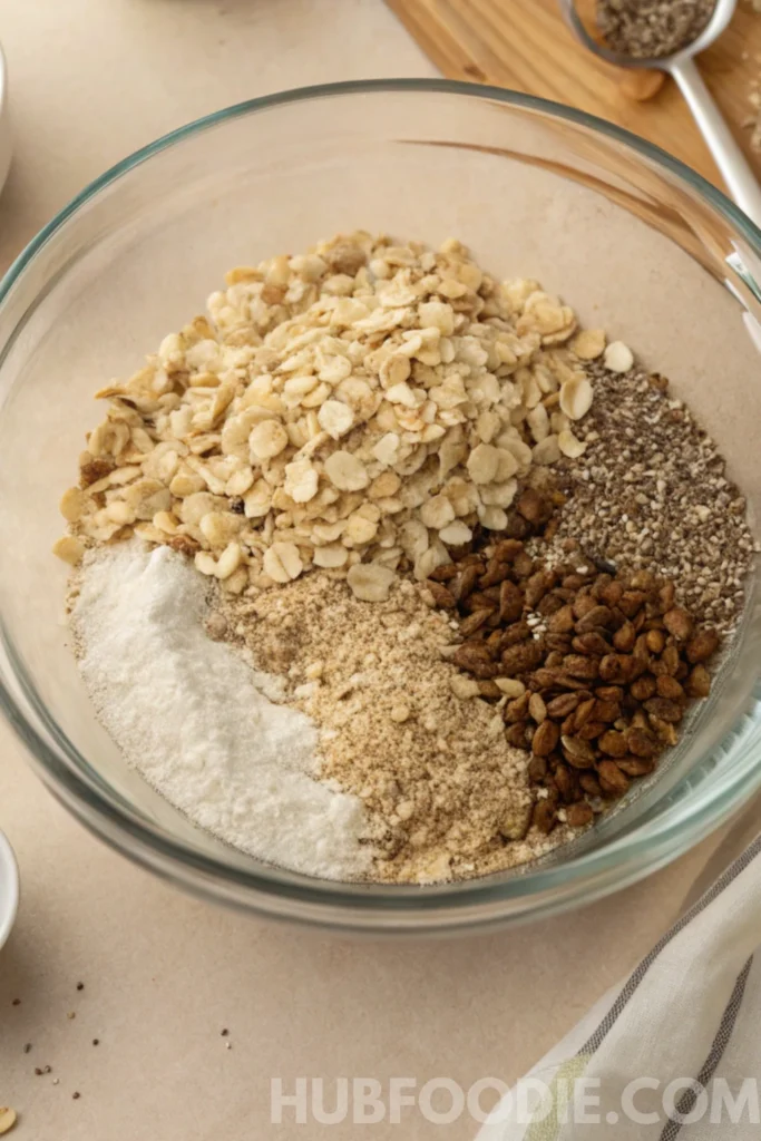 Homemade Gluten Free Granola Bars 17 dry ingredients for gluten free granola bars in glass bowl on beige counter