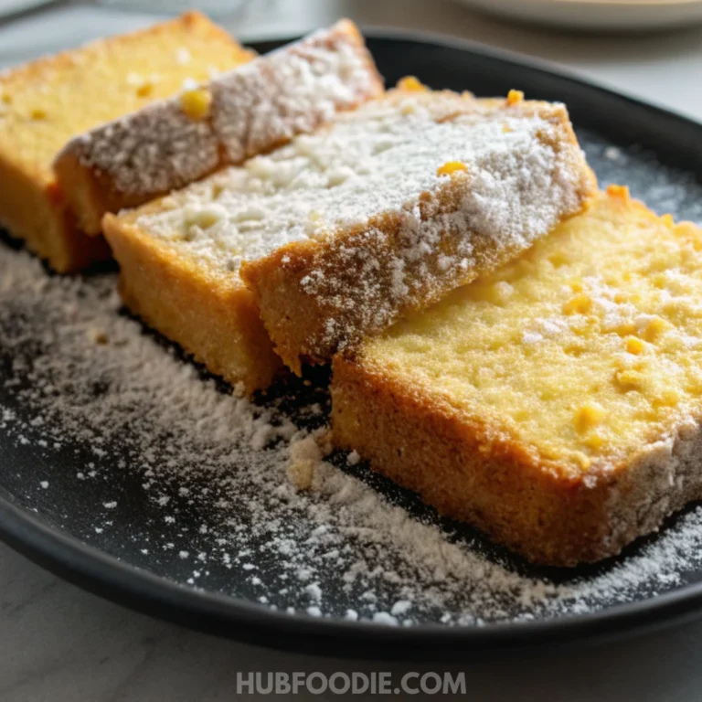 Slices of lemon squash bread dusted with powdered sugar on a dark plate.