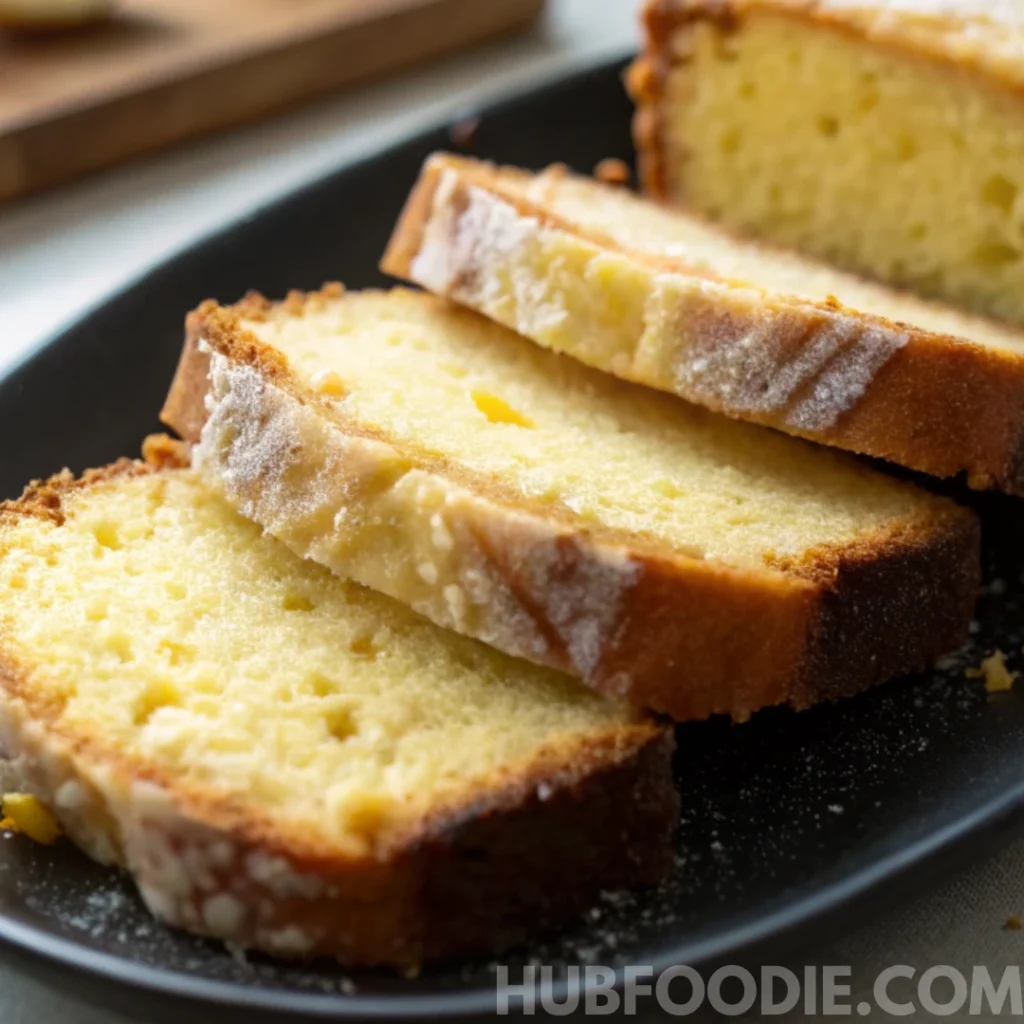 lemon squash bread recipe 20 Close-up of moist lemon squash bread slices on a black plate.