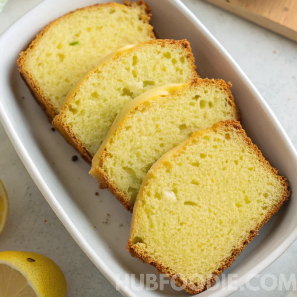 Squash Bread Recipe 25 Four slices of lemon-yellow squash bread in a white dish.