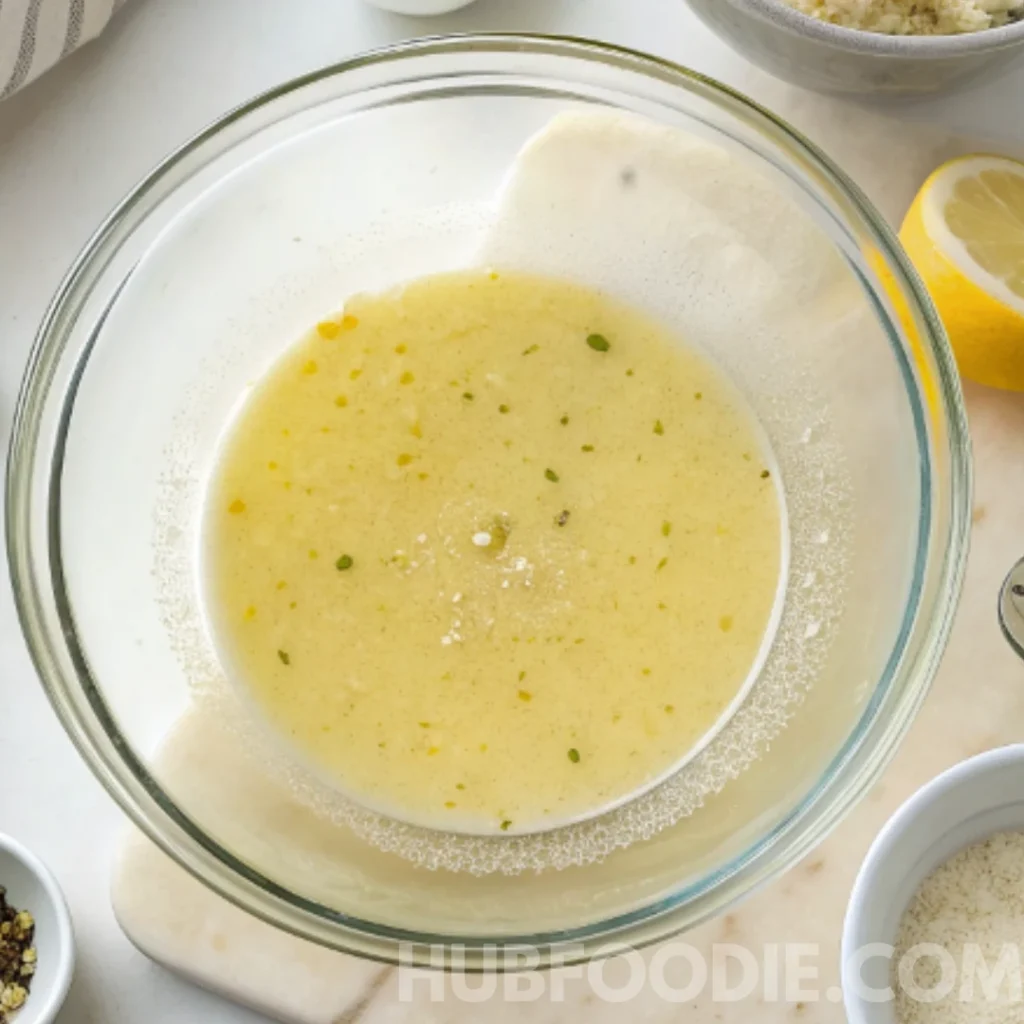 Gnocchi Pasta Salad 39 Lemon parmesan dressing being combined with oil and cheese in a glass bowl.