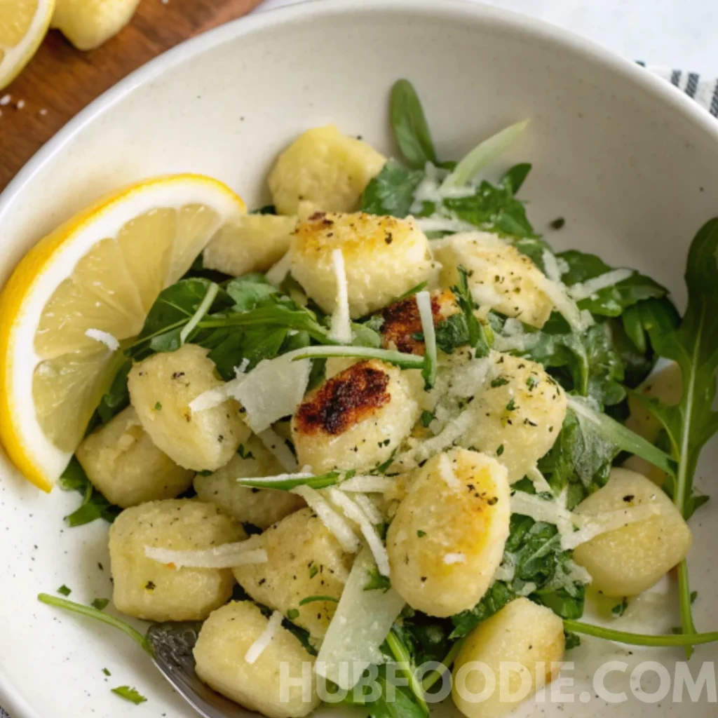 Gnocchi Pasta Salad 35 Lemon parmesan gnocchi pasta salad with greens and shaved cheese.