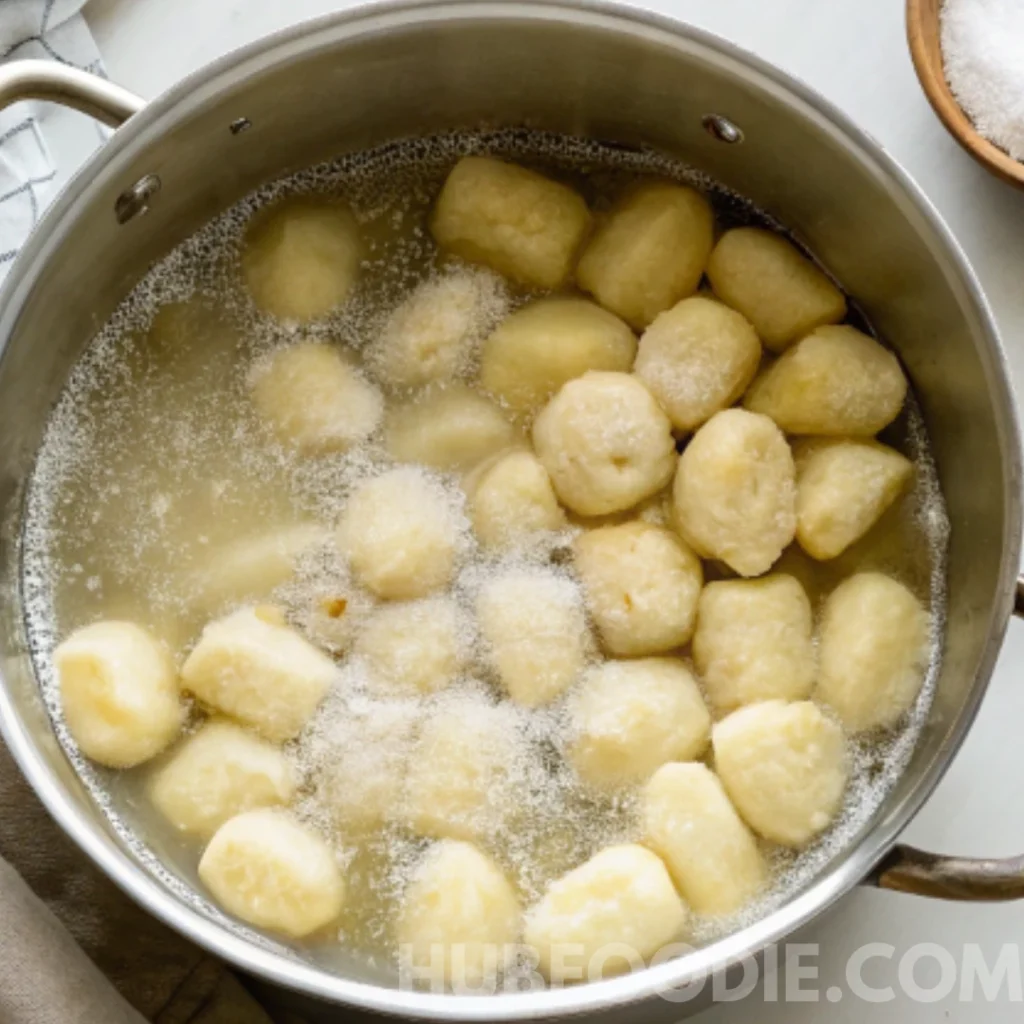 Gnocchi Pasta Salad 37 Potato gnocchi boiling in a pot of salted water.